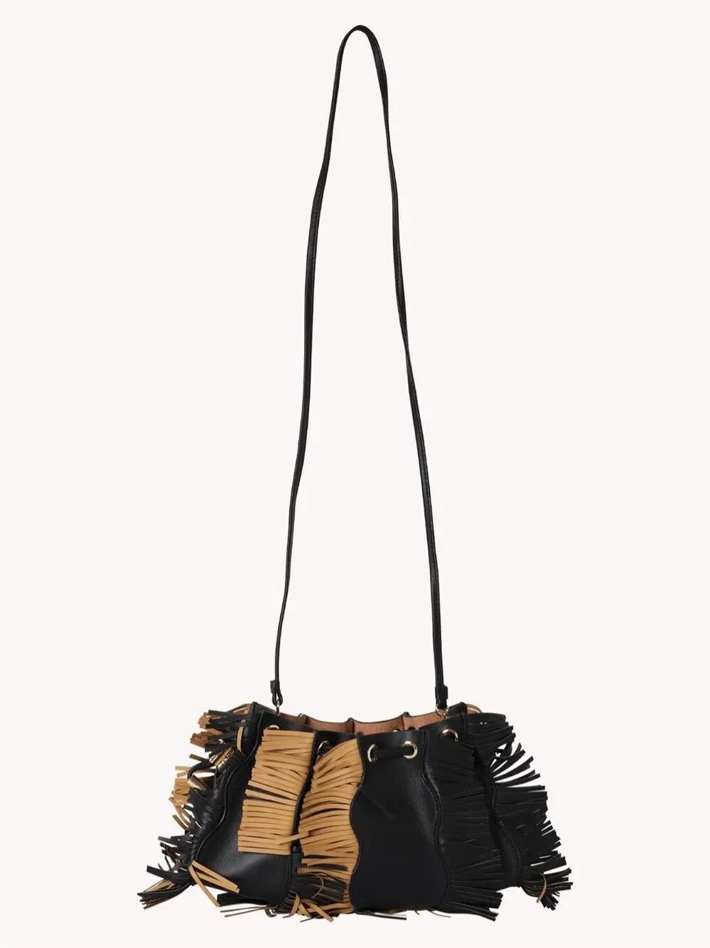 Ulla Johnson Adria Fringe Crossbody Purse Pleated Wave Black Beige Artsy Boho NE - Picture 3 of 13